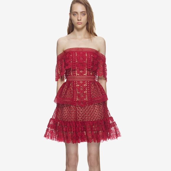 self portrait red off shoulder dress